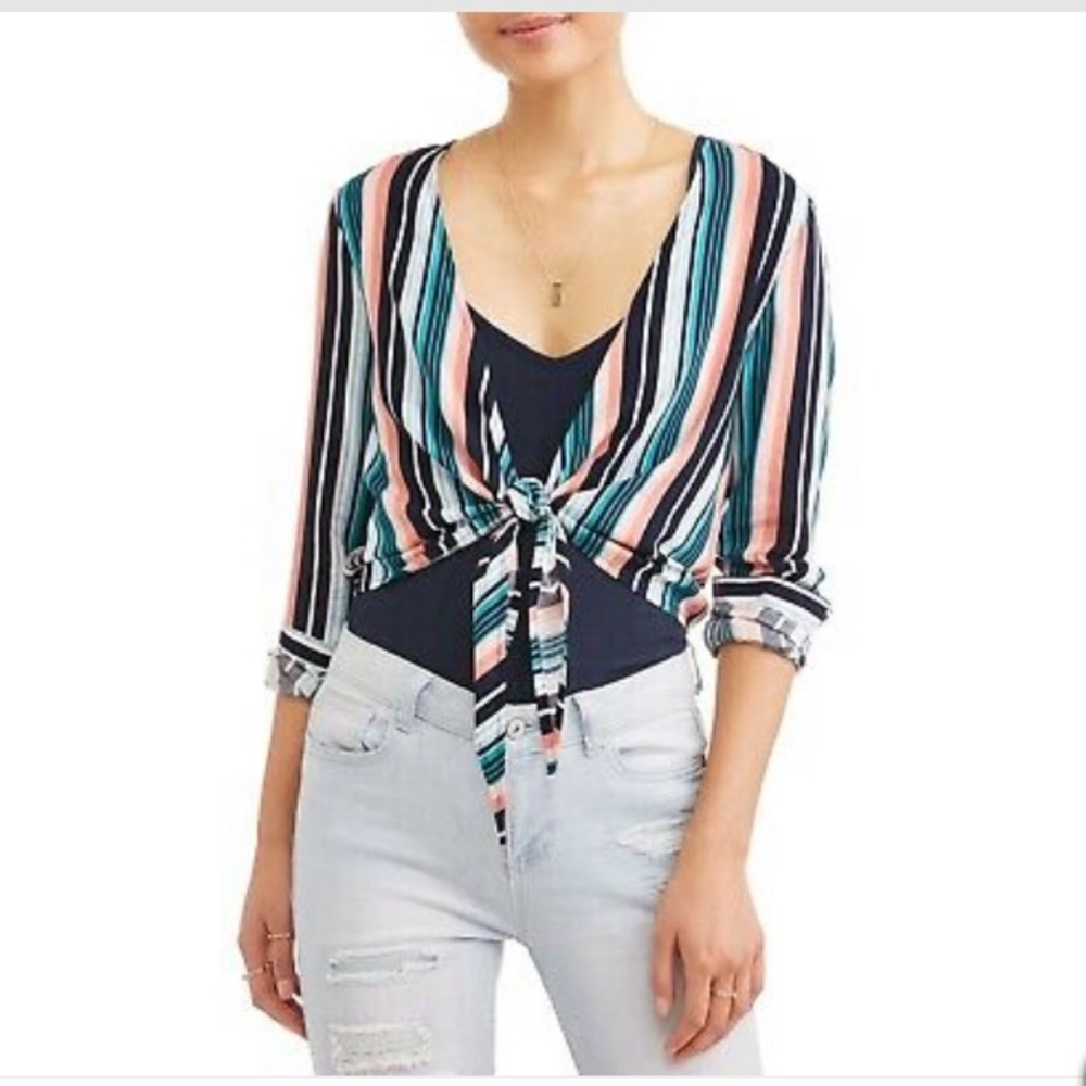 White Striped Tie Front Crop Top